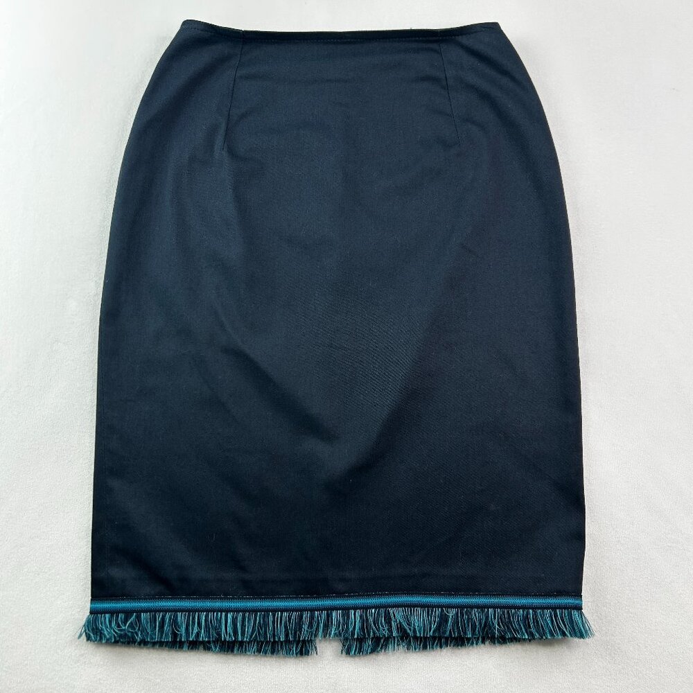 JEX Navy Pencil Skirt with Blue Fringe Trim - Size 34 Cotton Stretch Back Slit